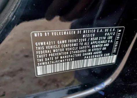 2012 Volkswagen Jetta Se z USA, uszkodzony, nr VIN 3VWDX7AJ6CM473591